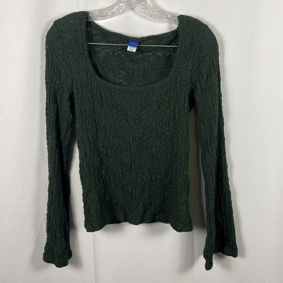 Old Navy Y2K Women’s Fitted Shirt Flare Sleeve Green Sheer Floral Crepe Sz S/PCH - Picture 1 of 12